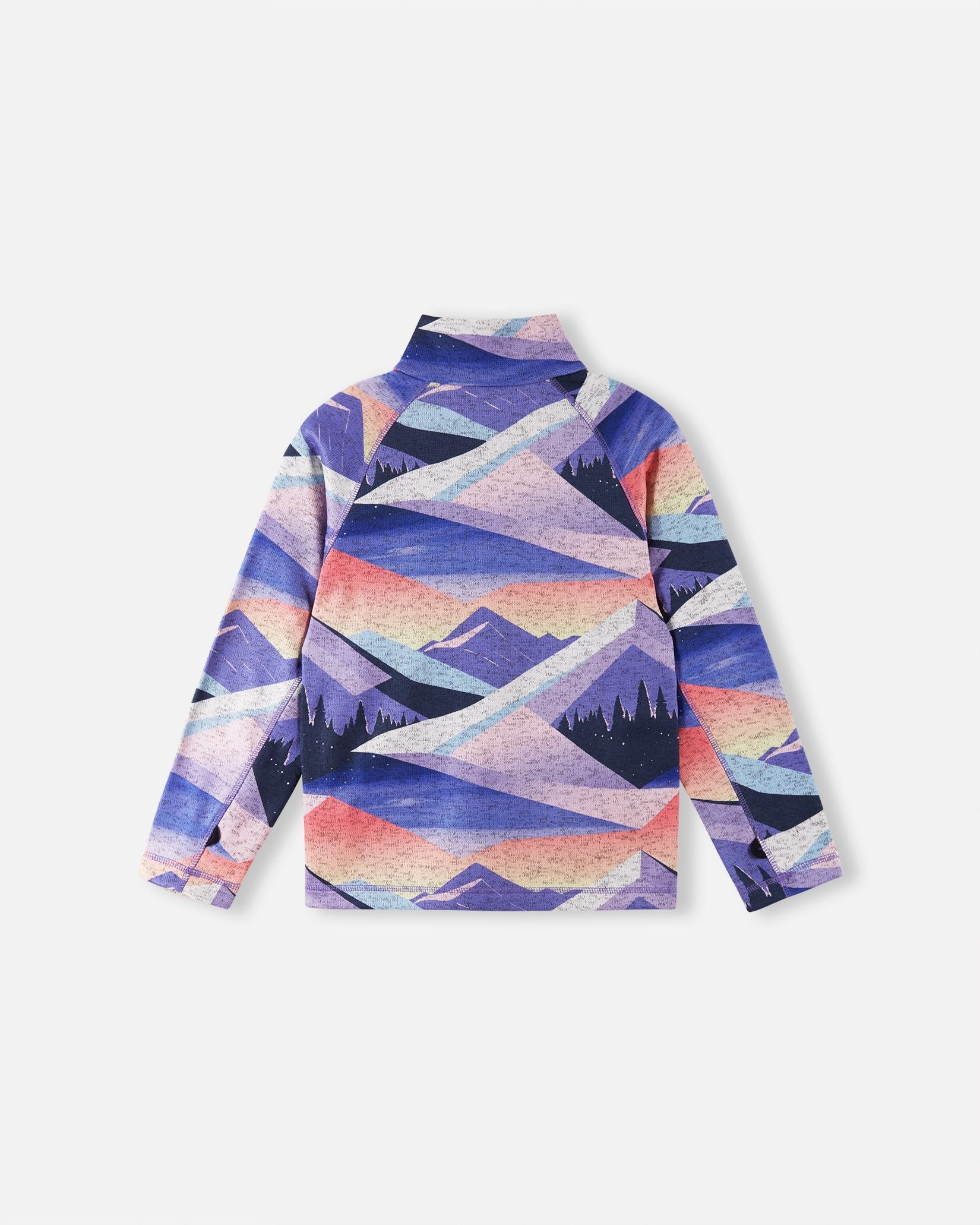 Back view of the Reima Niksini kids' breezy violet fleece mid-layer jacket, showcasing the vibrant alpine landscape pattern and comfortable active raglan sleeve construction.