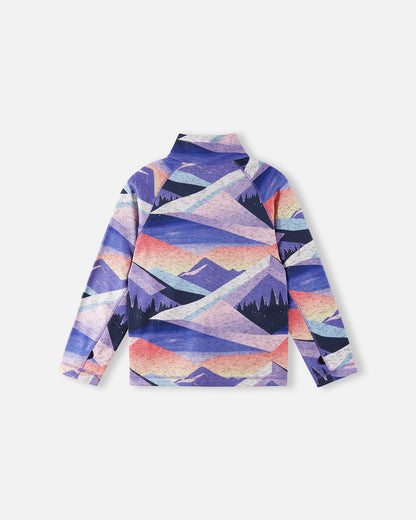 Back view of the Reima Niksini kids' breezy violet fleece mid-layer jacket, showcasing the vibrant alpine landscape pattern and comfortable active raglan sleeve construction.