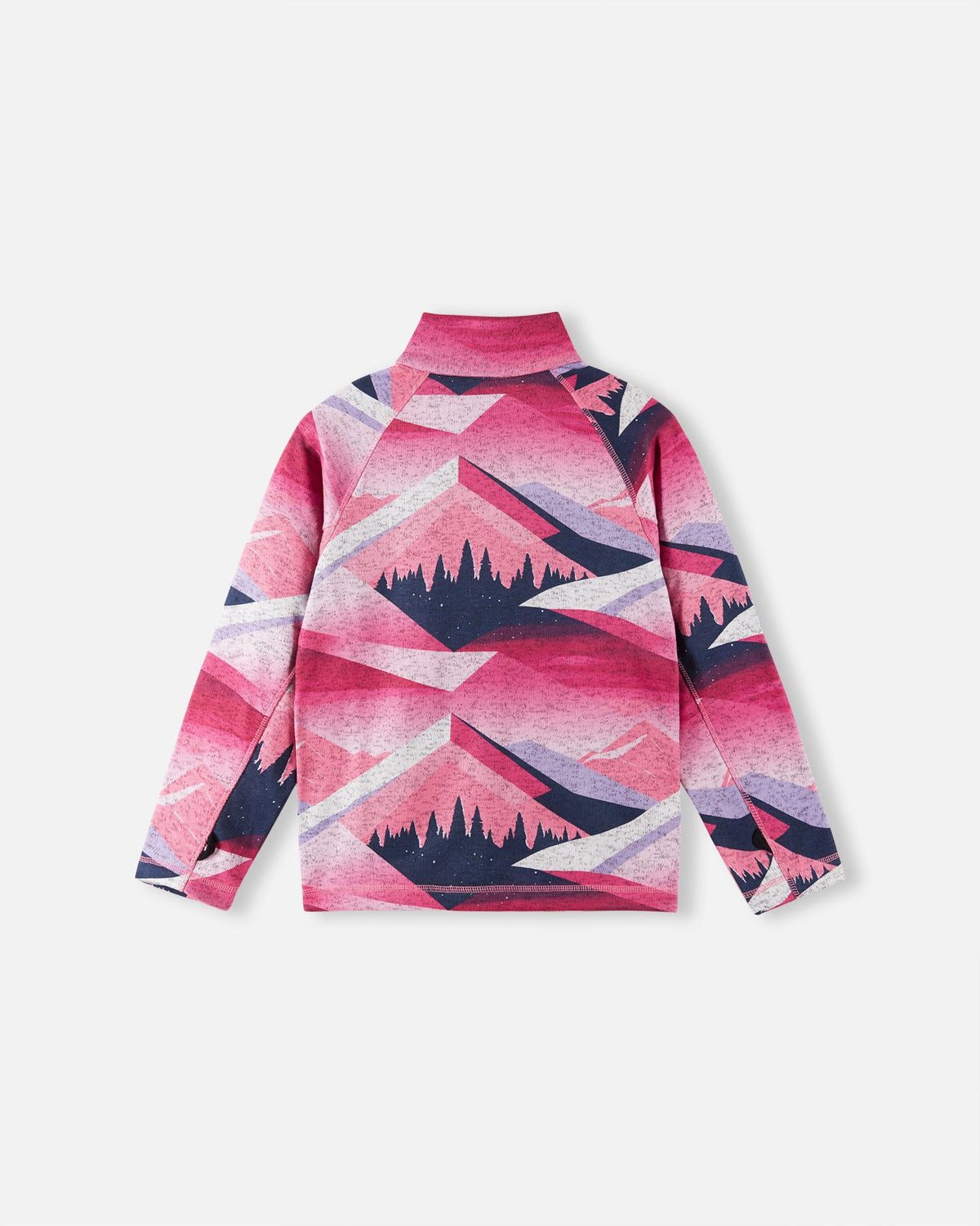 Back view of the Reima Niksini kids' soft coral fleece mid-layer jacket, showcasing the vibrant mountain graphics, raglan sleeves, and comfortable active fit for layering.