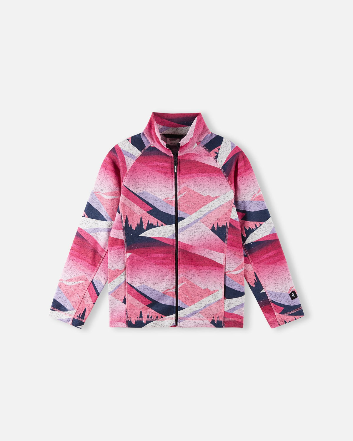 Front view of the Reima Niksini kids' fleece mid-layer jacket in soft coral, featuring an all-over artistic mountain landscape print, a full-length zipper, and a warm stand-up collar for winter outdoor adventures.