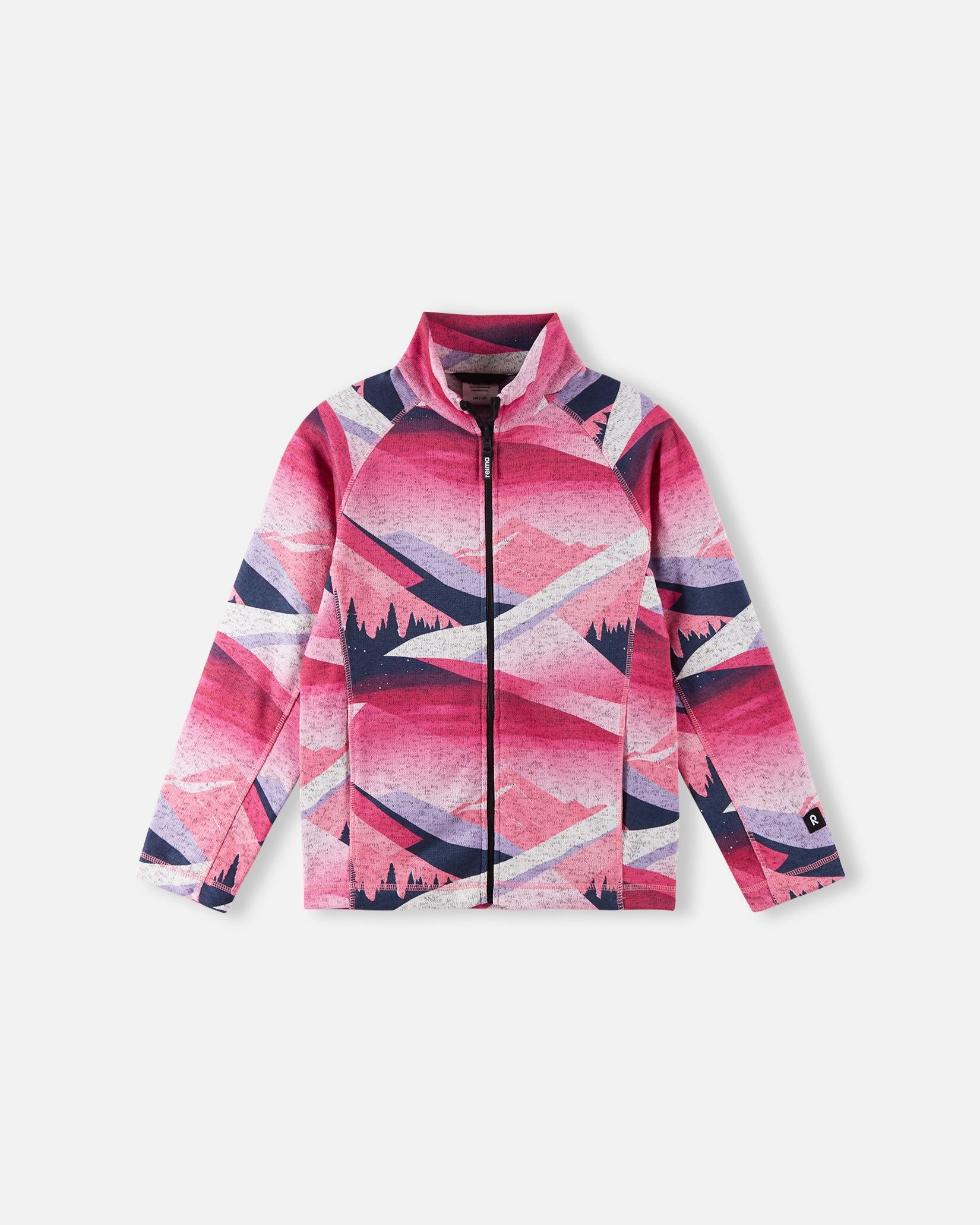 Front view of the Reima Niksini kids' fleece mid-layer jacket in soft coral, featuring an all-over artistic mountain landscape print, a full-length zipper, and a warm stand-up collar for winter outdoor adventures.
