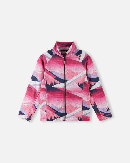 Front view of the Reima Niksini kids' fleece mid-layer jacket in soft coral, featuring an all-over artistic mountain landscape print, a full-length zipper, and a warm stand-up collar for winter outdoor adventures.