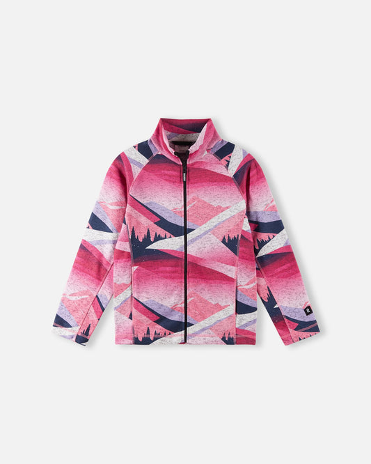 Front view of the Reima Niksini kids' fleece mid-layer jacket in soft coral, featuring an all-over artistic mountain landscape print, a full-length zipper, and a warm stand-up collar for winter outdoor adventures.