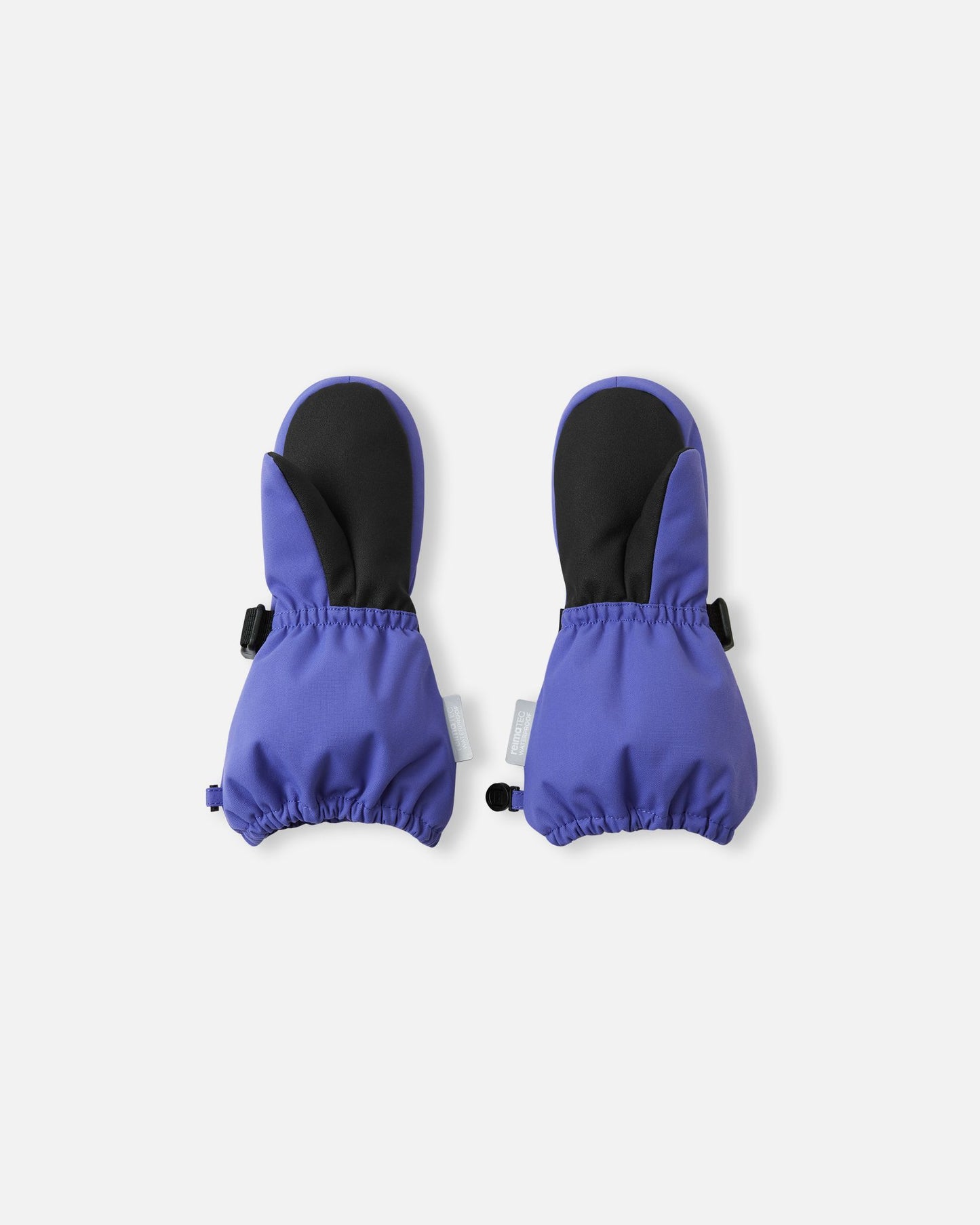 Palm side view of the Reima Ote kids' snow mittens in breezy violet, showcasing the heavy-duty black reinforced palm and thumb grip designed for holding ski poles and active winter play.
