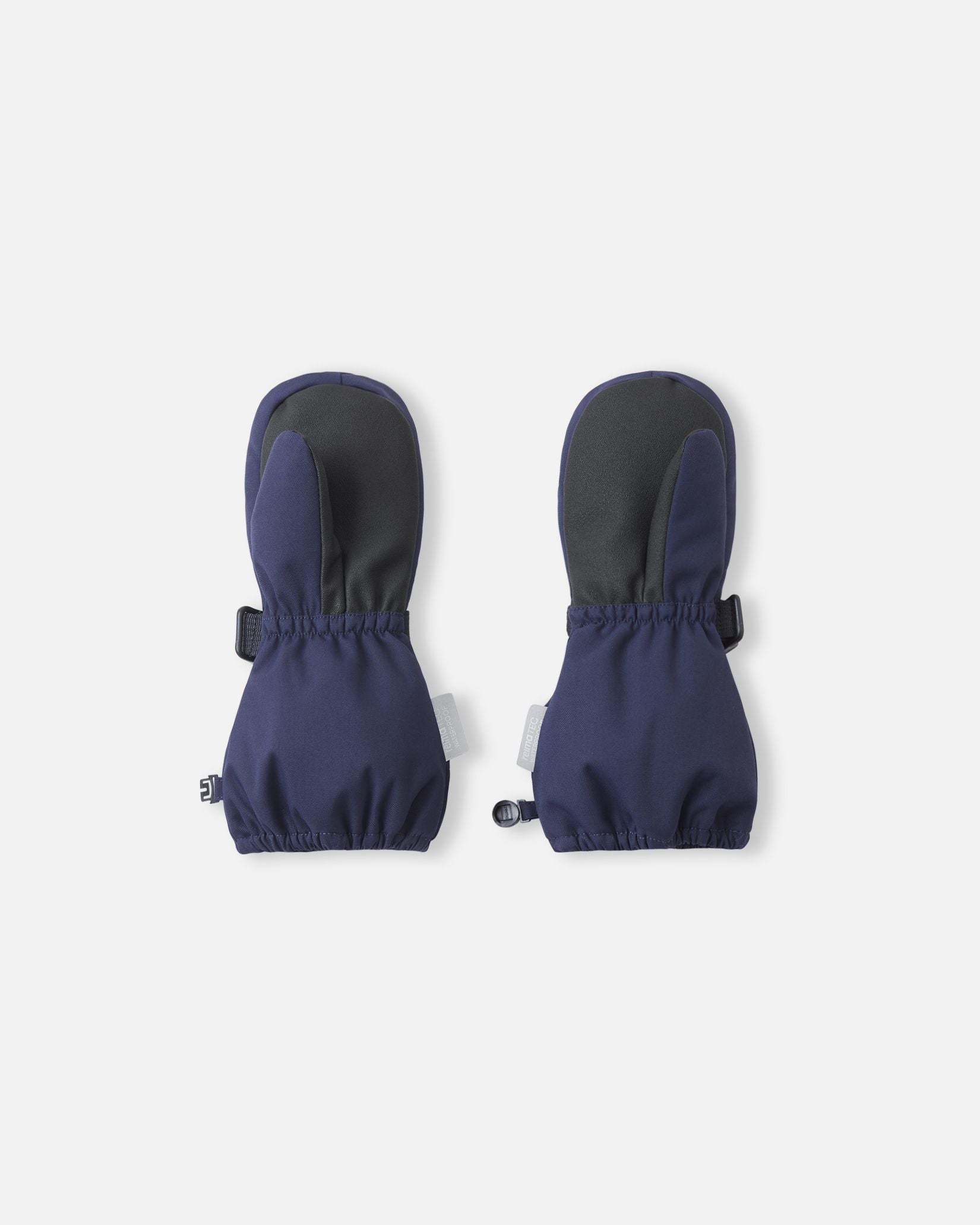 Palm side view of the Reima Ote kids' waterproof mittens in navy blue, detailing the highly durable black reinforced palm and thumb designed for gripping ski poles and playing in harsh winter snow.