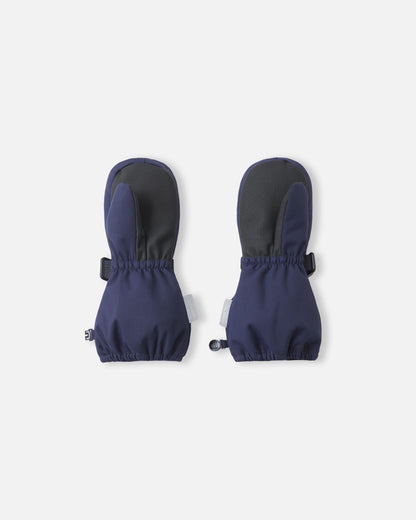 Palm side view of the Reima Ote kids' waterproof mittens in navy blue, detailing the highly durable black reinforced palm and thumb designed for gripping ski poles and playing in harsh winter snow.