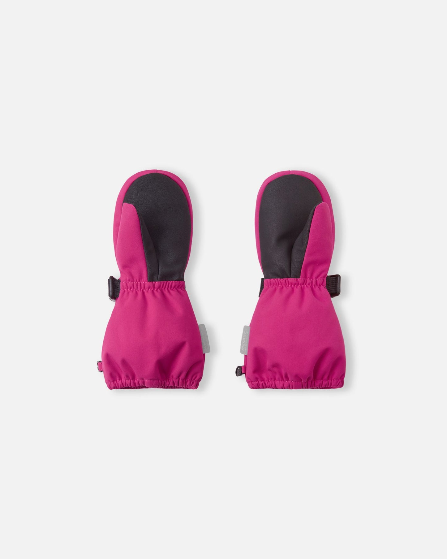 Palm view of the rosy berry Reima Ote kids' winter mittens, detailing the durable black reinforced palm and thumb designed for gripping sleds and playing in harsh winter snow.