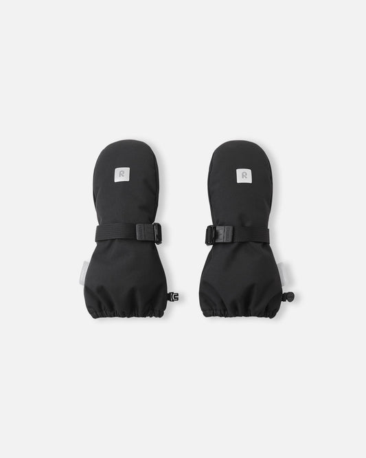 Top view of the black Reima Ote kids' winter mittens, featuring a reflective Reima safety logo on the back, durable waterproof construction, and adjustable velcro wrist straps.
