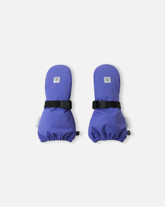 Top view of the breezy violet Reima Ote kids' winter mittens, featuring a reflective Reima safety logo on the back, durable waterproof construction, and an adjustable black velcro wrist strap.