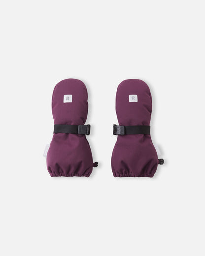 Front top view of the deep purple Reima Ote kids' winter mittens, featuring a highly visible reflective safety logo, a durable waterproof exterior, and a secure adjustable velcro wrist strap to keep snow out.