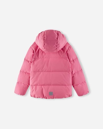 Back flat lay perspective of the soft coral Reima Paimio children's down jacket, highlighting the attached snap-away hood, seamless quilted insulation, and a lower-back reflective safety patch.