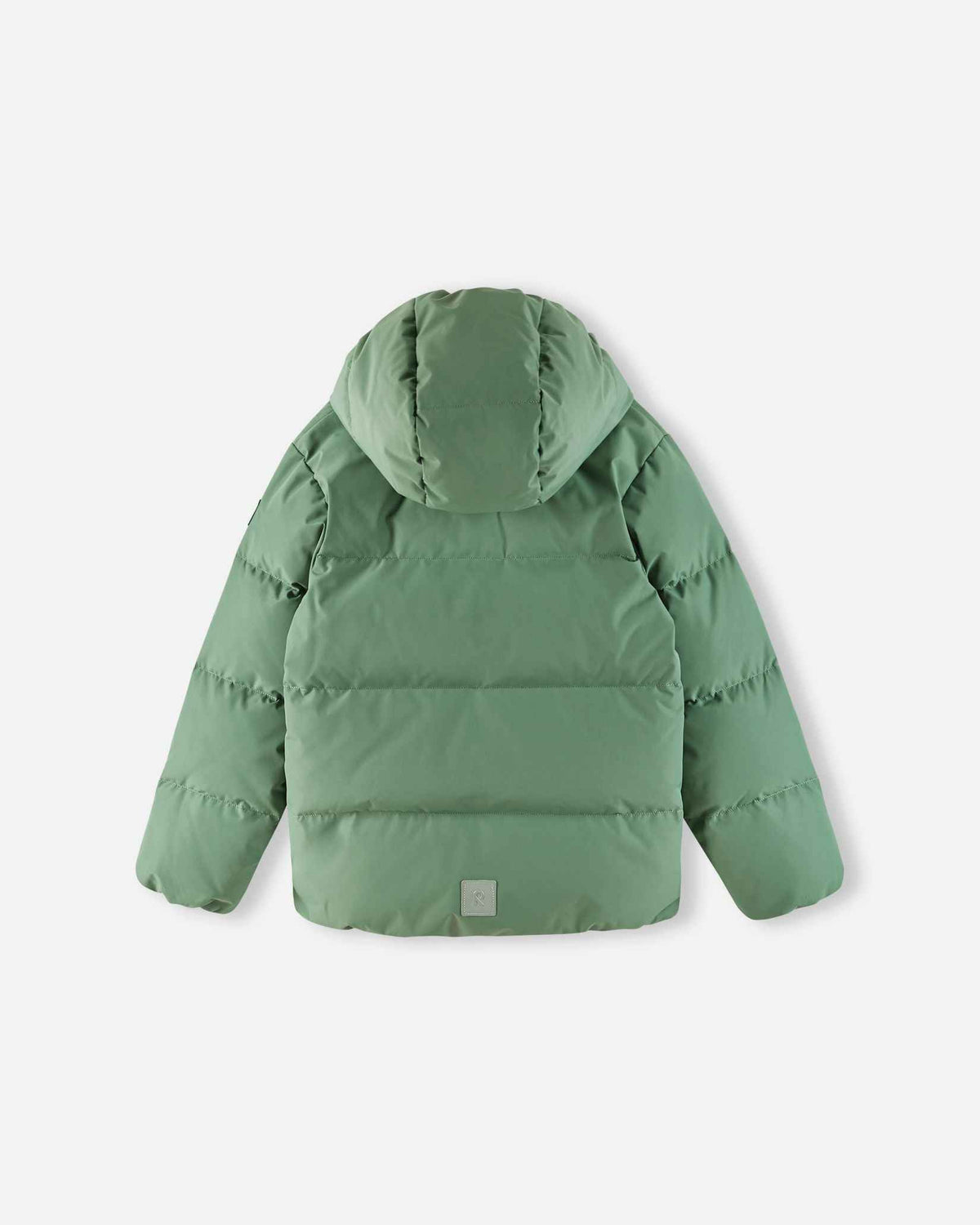 Back flat lay perspective of the green clay Reima Paimio children's down jacket, highlighting the attached snap-away hood, seamless quilted insulation, and a lower-back reflective safety patch.