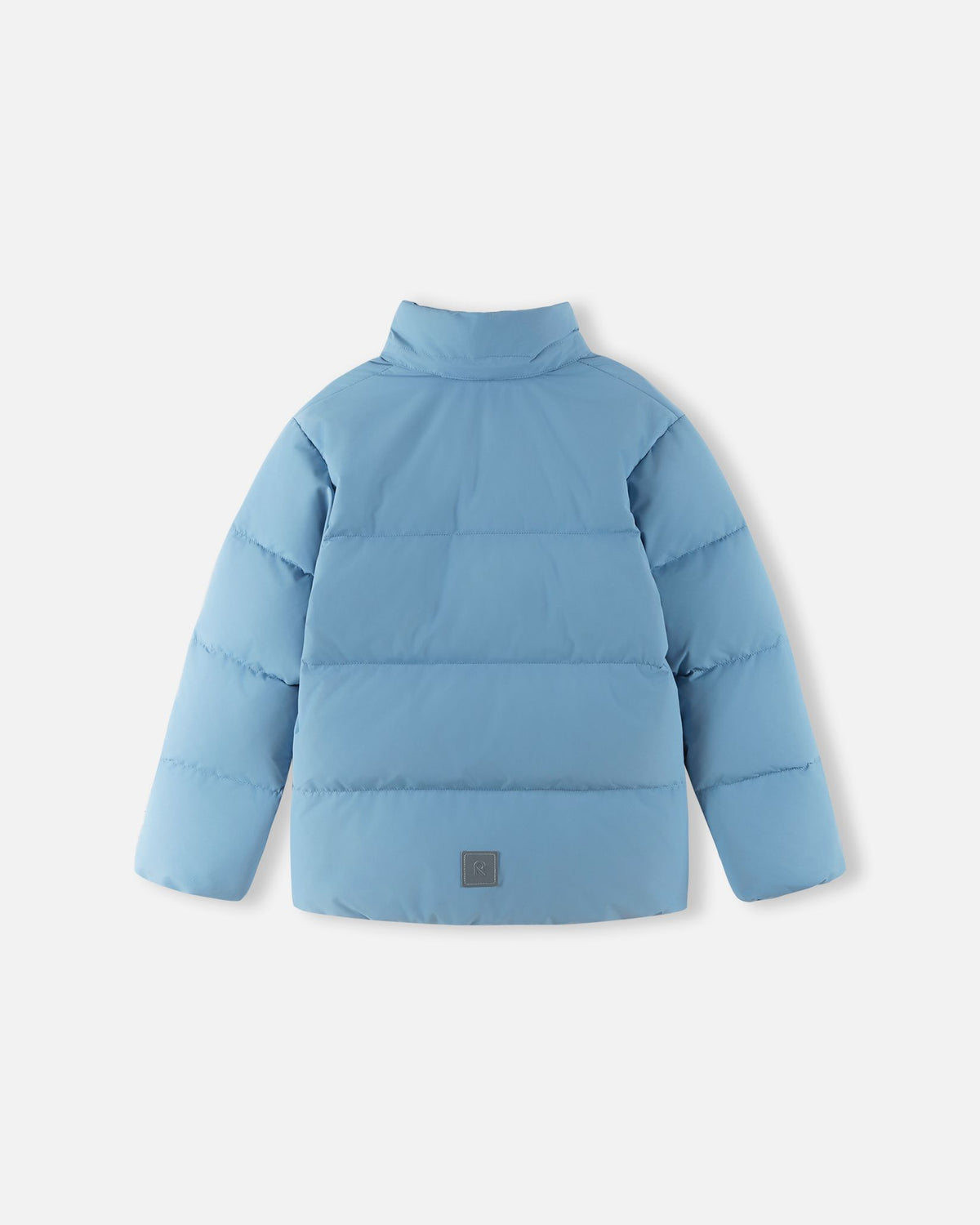 Rear flat lay perspective of the cloudy blue Reima Paimio kids' down coat with the hood detached, highlighting the insulated stand-up collar and reflective safety badge on the back.