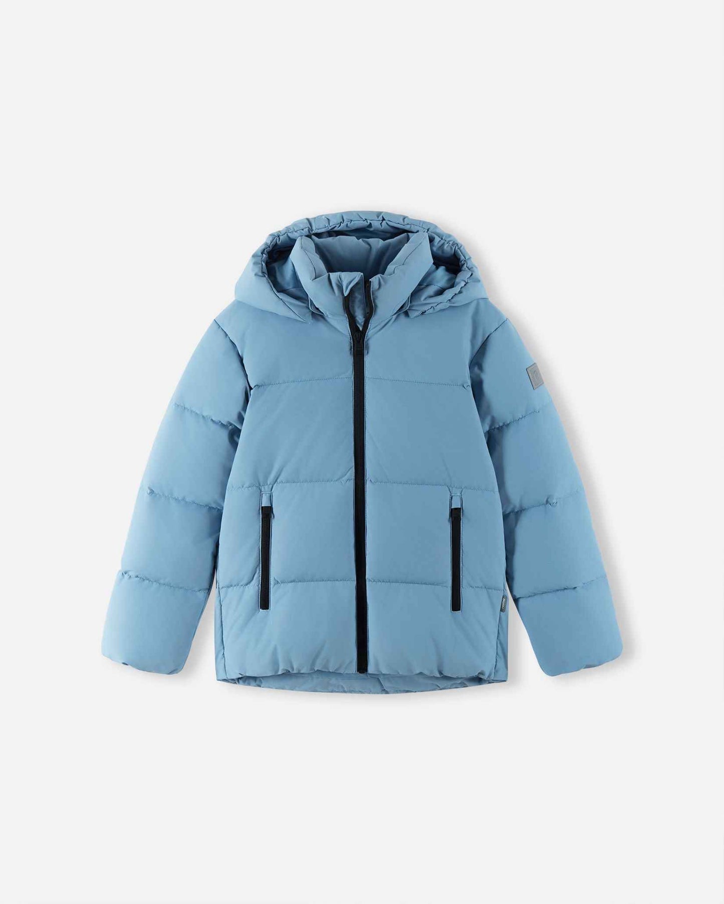 Front flat lay view of the cloudy blue Reima Paimio kids' winter down jacket, featuring warm quilted horizontal baffles, a full front zipper, an insulated hood, and secure zippered side pockets.