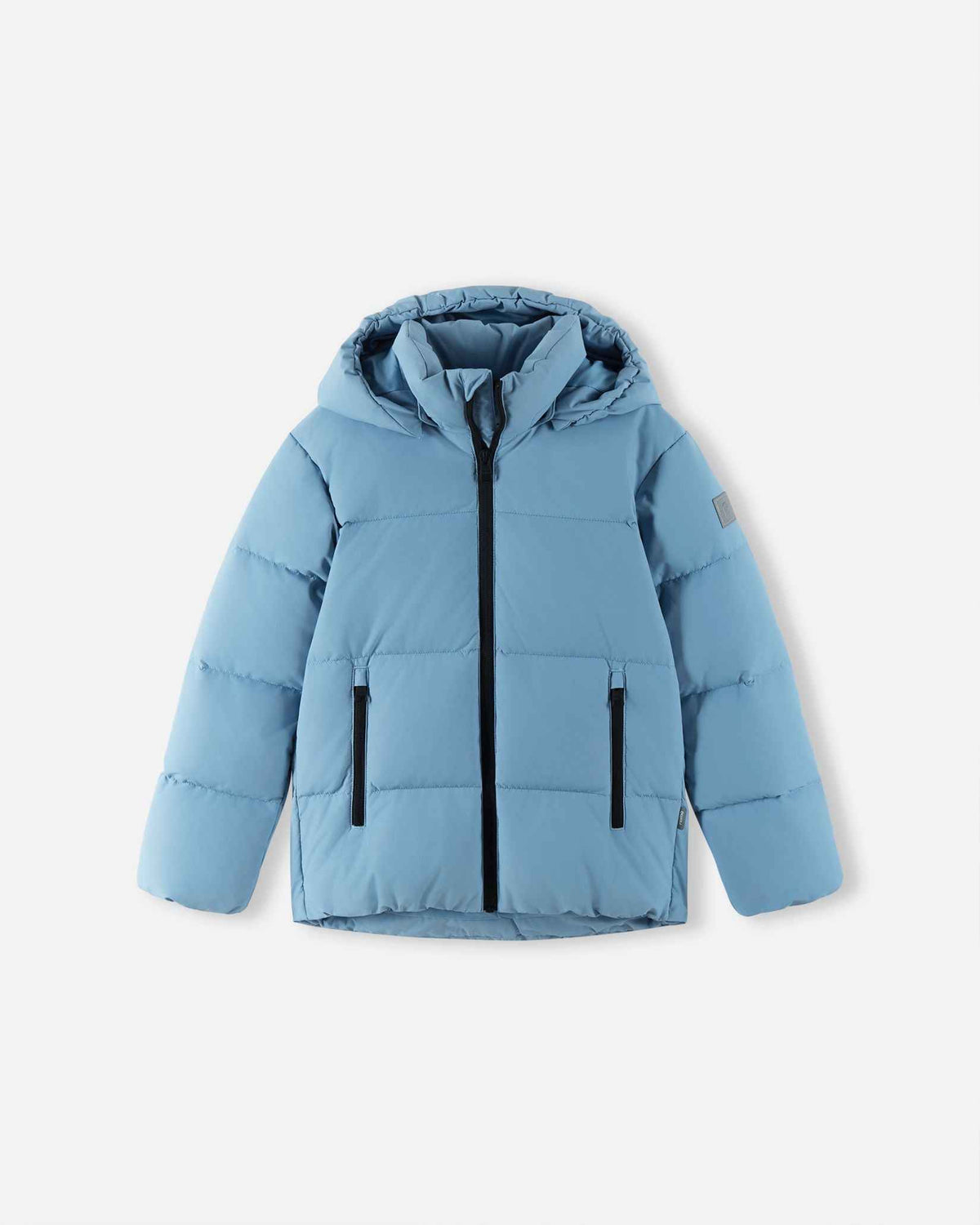 Front flat lay view of the cloudy blue Reima Paimio kids' winter down jacket, featuring warm quilted horizontal baffles, a full front zipper, an insulated hood, and secure zippered side pockets.