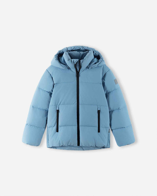 Front flat lay view of the cloudy blue Reima Paimio kids' winter down jacket, featuring warm quilted horizontal baffles, a full front zipper, an insulated hood, and secure zippered side pockets.
