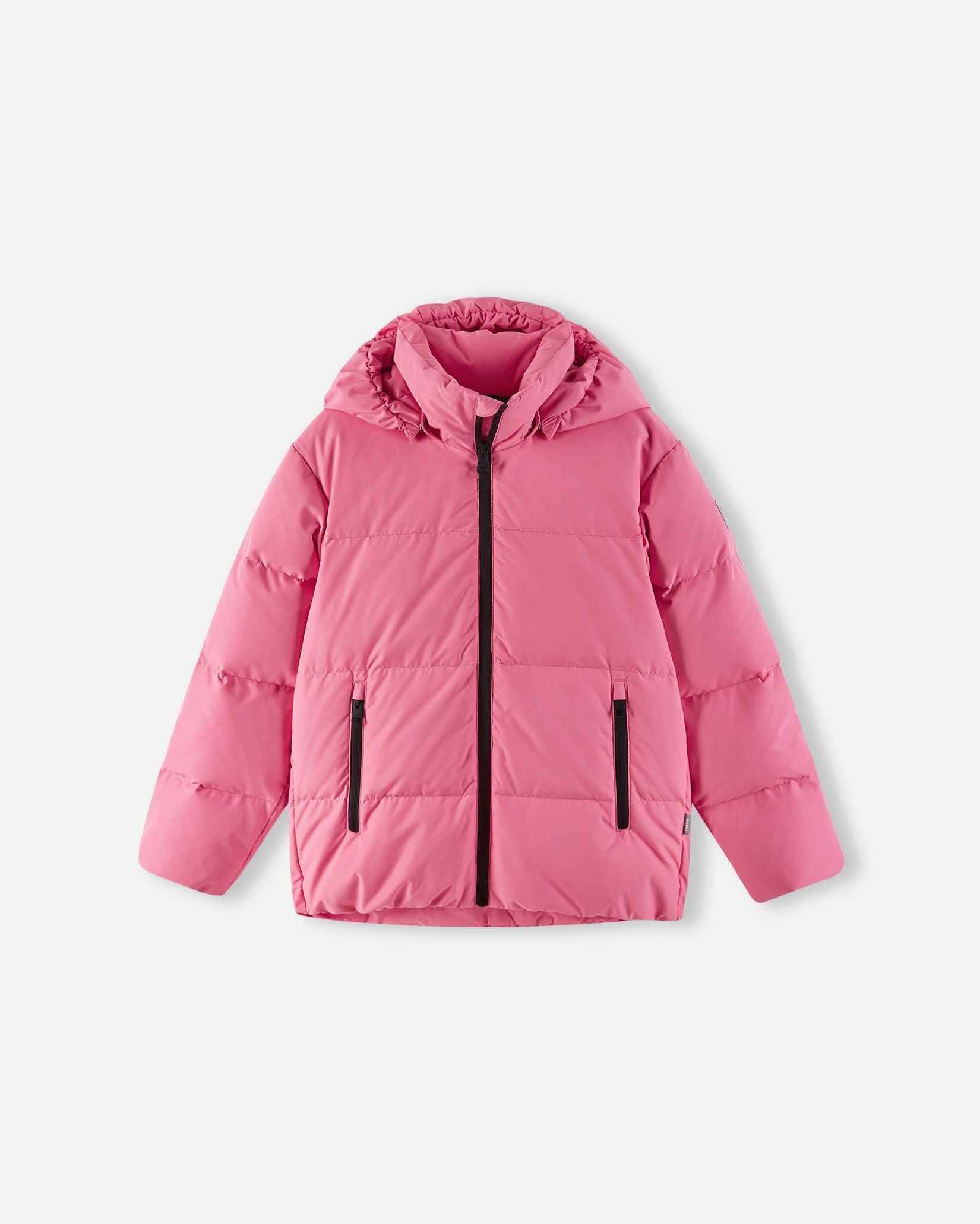 Front flat lay view of the soft coral pink Reima Paimio kids' winter down jacket, featuring warm horizontal quilted baffles, a full-length black center zipper, and an insulated hood designed for cold weather.