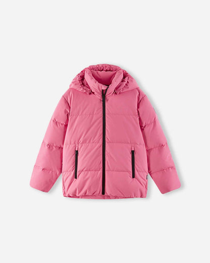 Front flat lay view of the soft coral pink Reima Paimio kids' winter down jacket, featuring warm horizontal quilted baffles, a full-length black center zipper, and an insulated hood designed for cold weather.