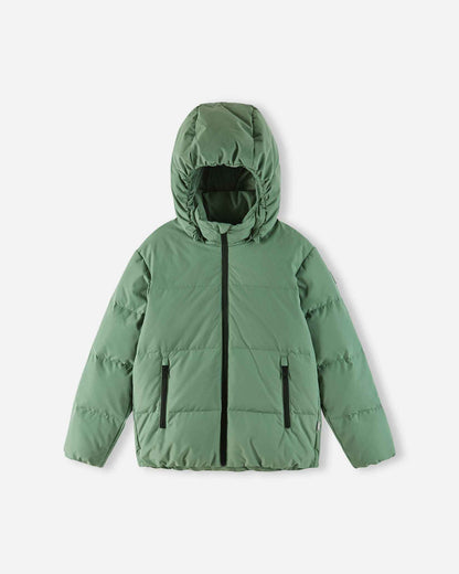 Front flat lay view of the green clay Reima Paimio toddler winter down coat with the insulated hood pulled up, demonstrating maximum coverage against cold wind and snow.