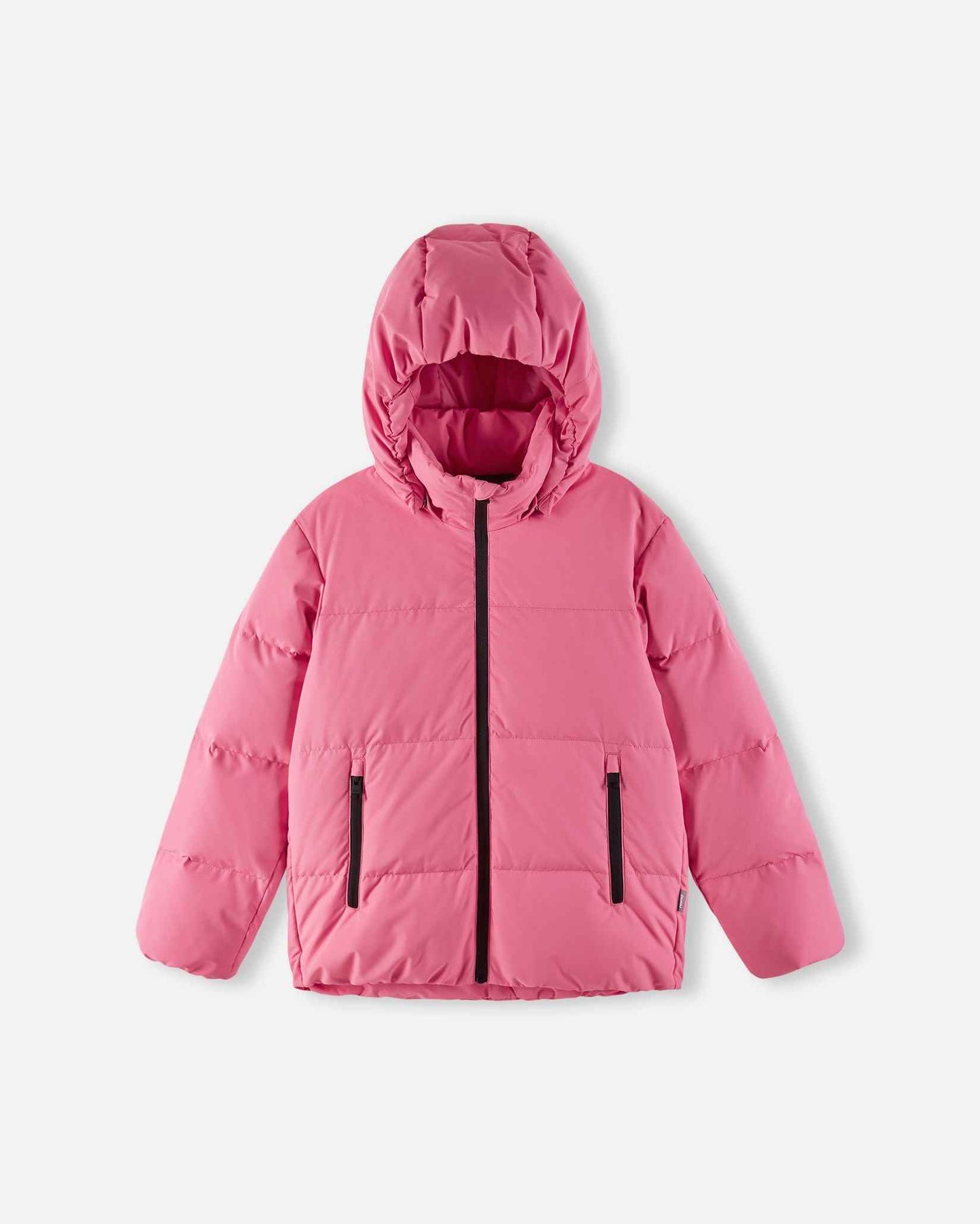 Front flat lay view of the soft coral pink Reima Paimio toddler winter down coat with the insulated hood pulled up, demonstrating maximum coverage against cold wind and snow.
