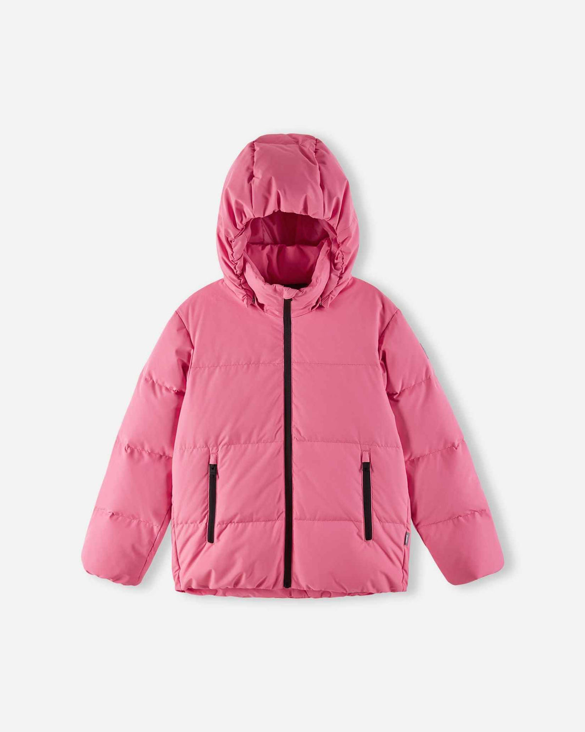 Front flat lay view of the soft coral pink Reima Paimio toddler winter down coat with the insulated hood pulled up, demonstrating maximum coverage against cold wind and snow.