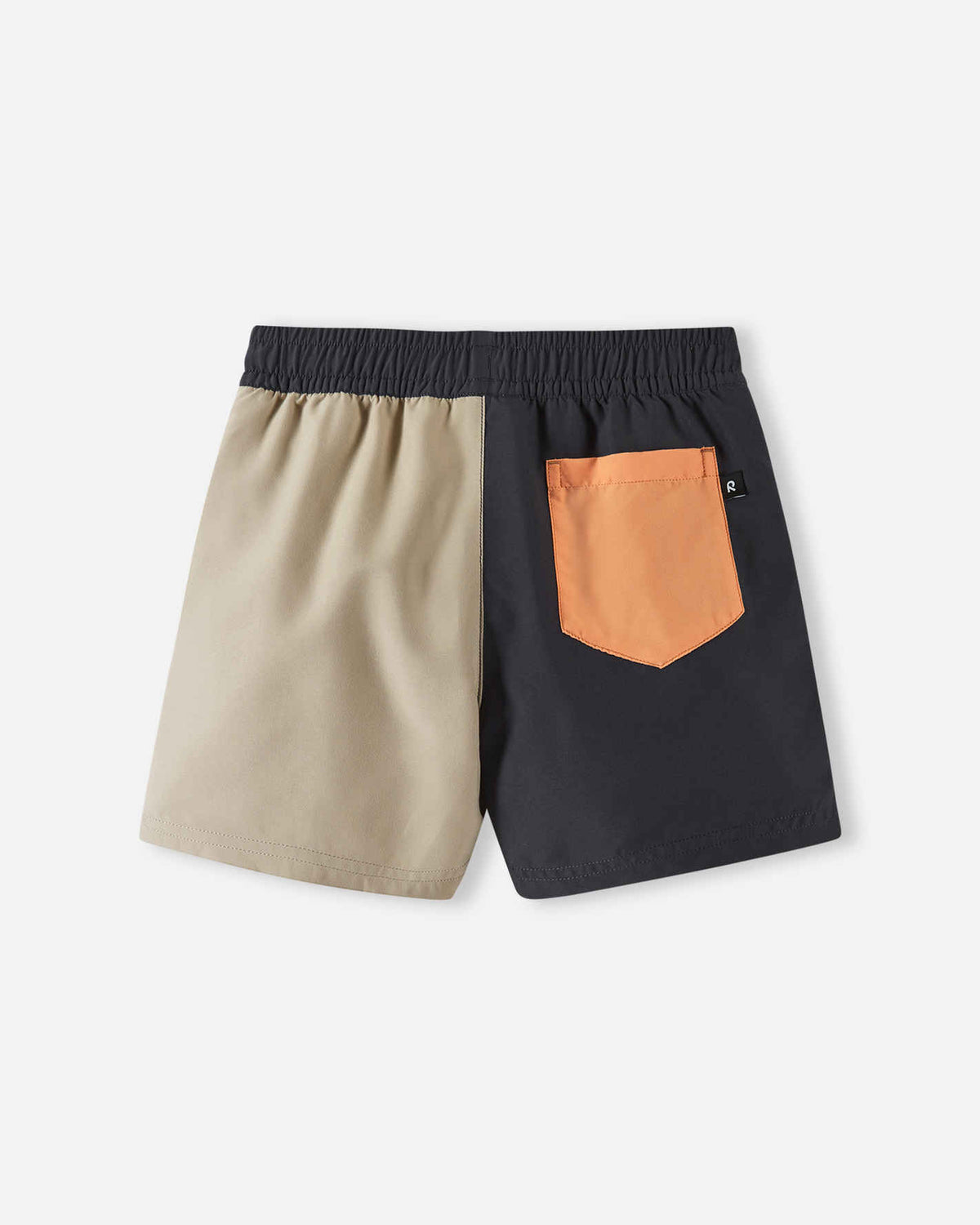 Back view of the Reima Palmu kids' UPF 50+ beach shorts in soft black and beige, highlighting the secure contrasting orange back pocket and a comfortable gathered elastic waistband.