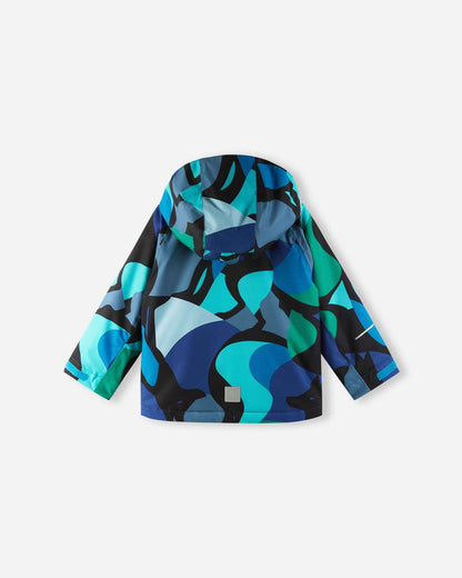The back view of the Aquatic Reima Palsi ski jacket showing the abstract blue, green, and black pattern and a small reflective tag near the hem.