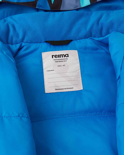 The inside collar of the aquatic ski jacket showing the Reima brand label and bright blue lining.