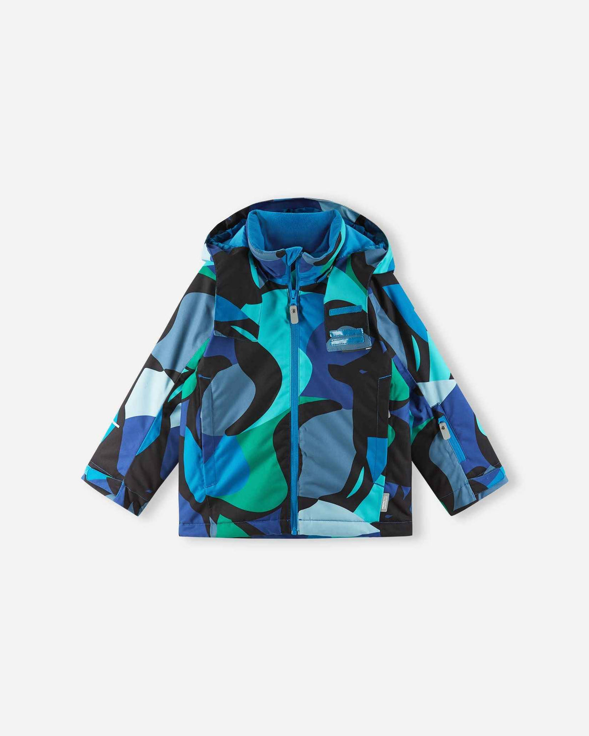 Front view of the Reima Palsi ski jacket in aquatic blue and green tones showing the full zipper and attached hood.