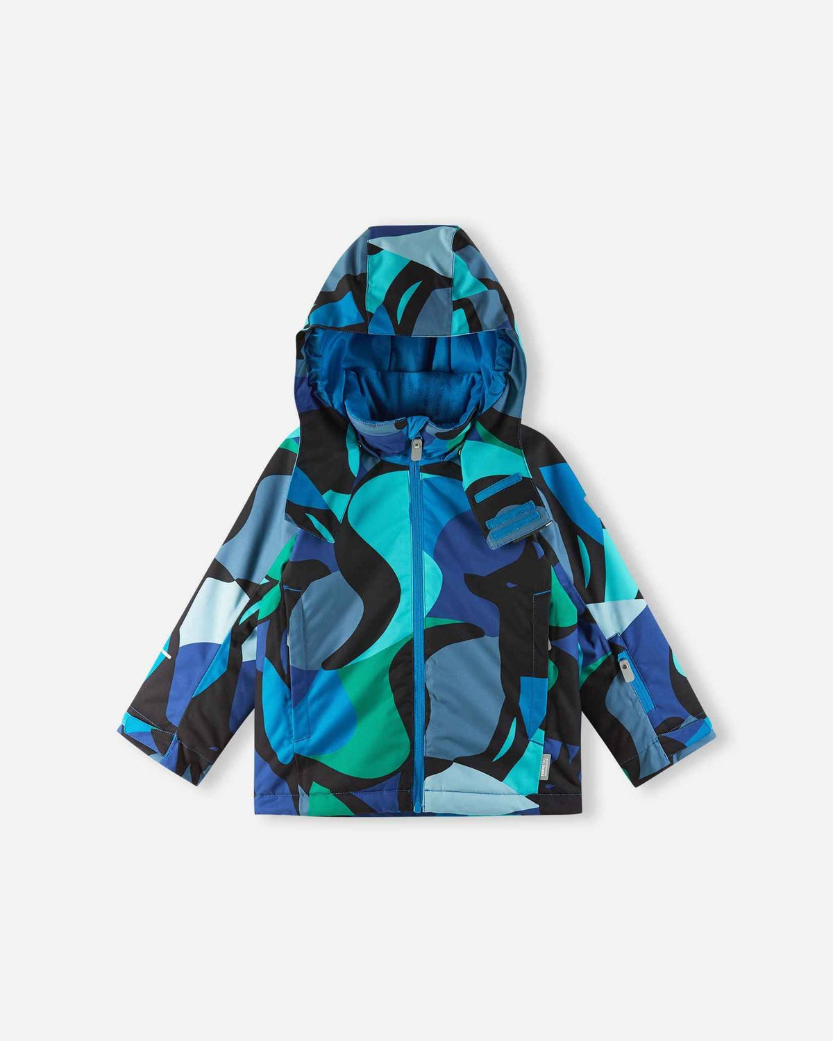 A front view of the Aquatic Reima Palsi ski jacket featuring a blue, green, and black abstract camouflage pattern.