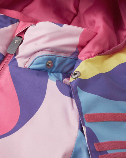 A detailed look at the collar snaps and main zipper on the bright lilac winter jacket.