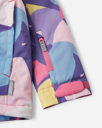 Close-up view of the adjustable cuff and patterned pink and purple sleeve on the Blooming Lilac Reima Palsi Ski Jacket.