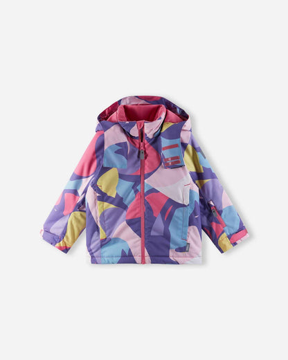 A front view of the Blooming Lilac Reima Palsi ski jacket laid flat, showing abstract pink, purple, and blue shapes with a front zipper.