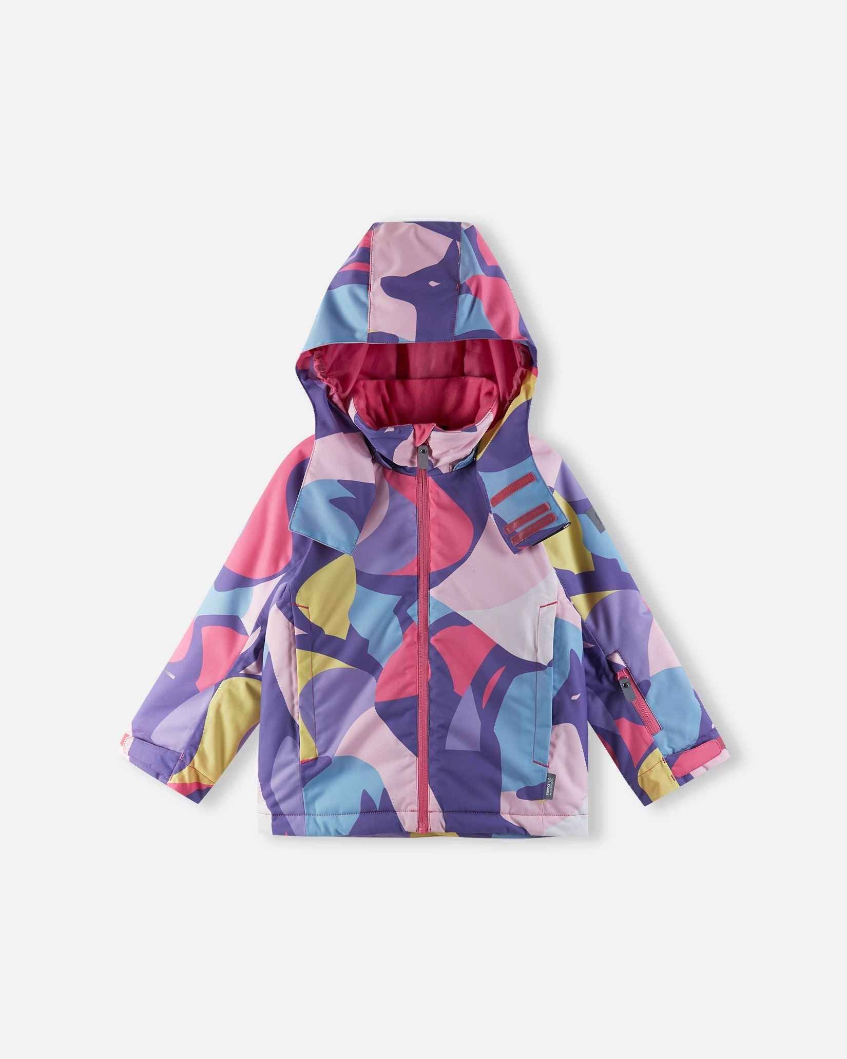Front view of the Blooming Lilac Reima Palsi ski jacket featuring an abstract pink, purple, and blue pattern with a pink front zipper.