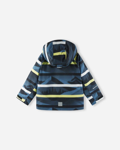 The back view of the Blue Ocean Reima Palsi ski jacket showing dark blue patterns, horizontal white and yellow stripes, and an attached hood.