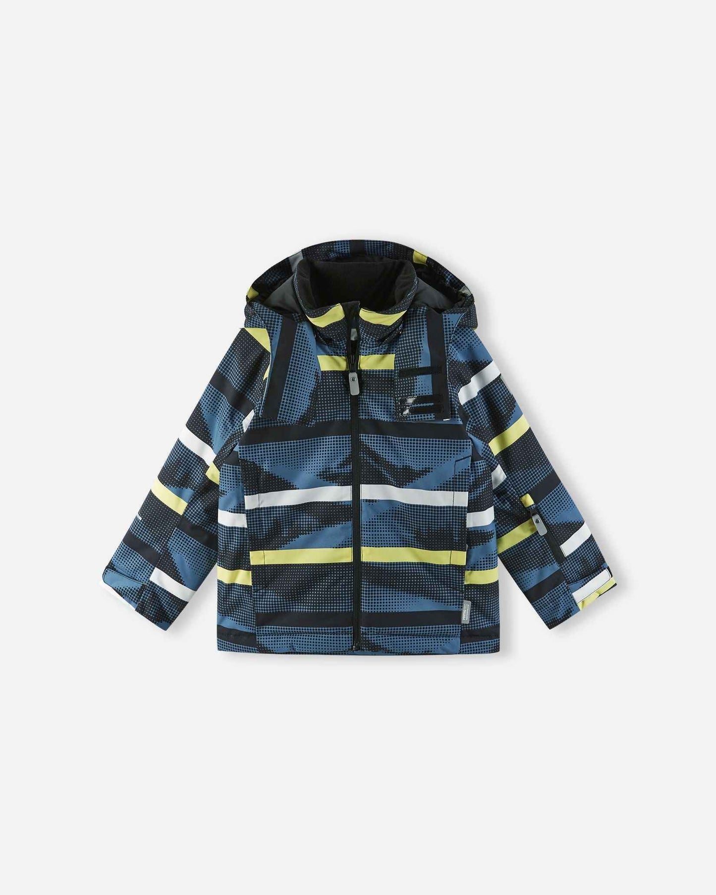 Front view of the Blue Ocean Reima Palsi ski jacket featuring geometric blocks of dark blue, white, and yellow.