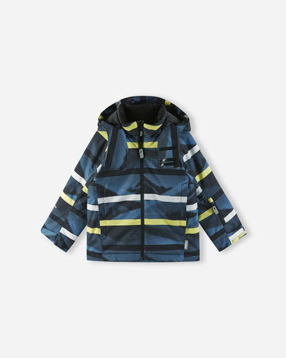 Front view of the Blue Ocean Reima Palsi ski jacket featuring geometric blocks of dark blue, white, and yellow.