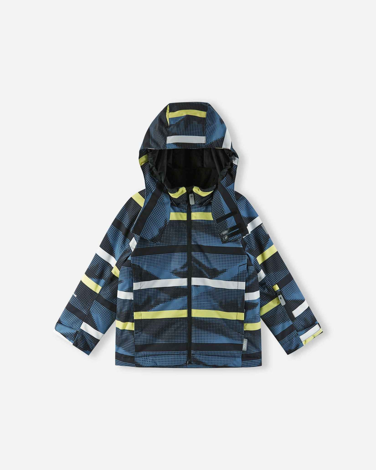 Front view of the blue ocean patterned Reima Palsi ski jacket showing its hood and dark zipper.