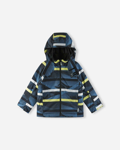 Front view of the blue ocean patterned Reima Palsi ski jacket showing its hood and dark zipper.