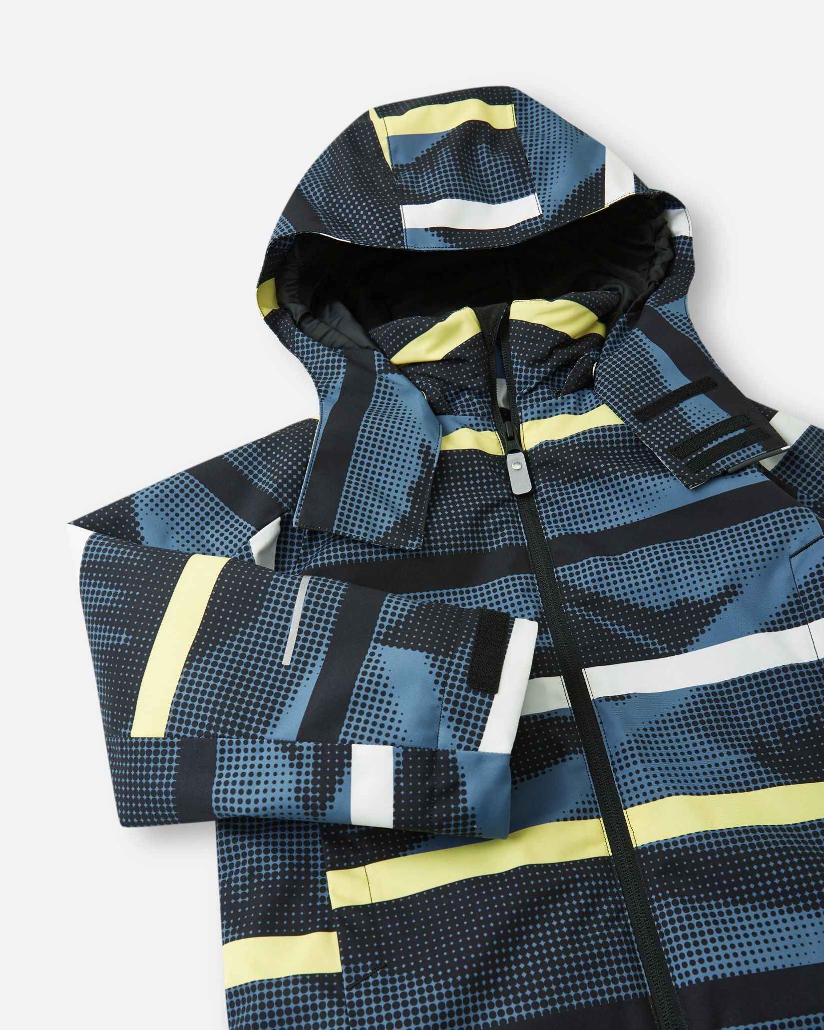 A full front view of the Reima Palsi ski jacket in the blue ocean pattern showing the attached hood and front zipper.