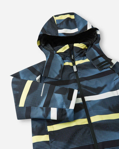 A full front view of the Reima Palsi ski jacket in the blue ocean pattern showing the attached hood and front zipper.
