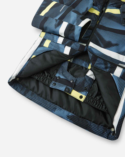 A close-up view of the inner black snow skirt and snap buttons on the Blue Ocean Reima Palsi ski jacket.