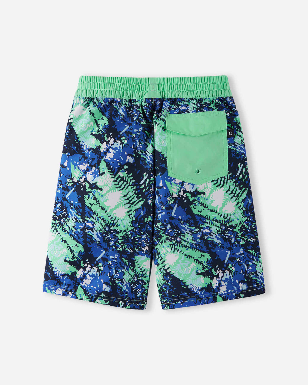 Back view of the Reima Papaija boys' UPF 50+ beach shorts in fresh mint green, showcasing a secure hook-and-loop back pocket with drainage hole, perfect for active summer swimming.