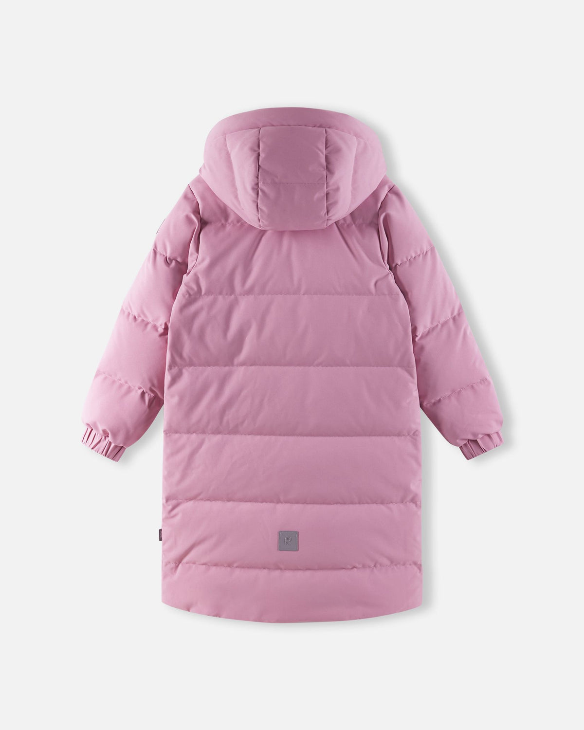 Back flat lay perspective of the grey pink Reima Parkkala children's insulated long coat, showcasing the horizontal quilted down baffles, a warm attached hood, and a square reflective safety patch near the bottom hem.
