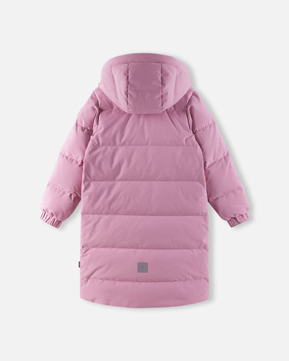 Back flat lay perspective of the grey pink Reima Parkkala children's insulated long coat, showcasing the horizontal quilted down baffles, a warm attached hood, and a square reflective safety patch near the bottom hem.
