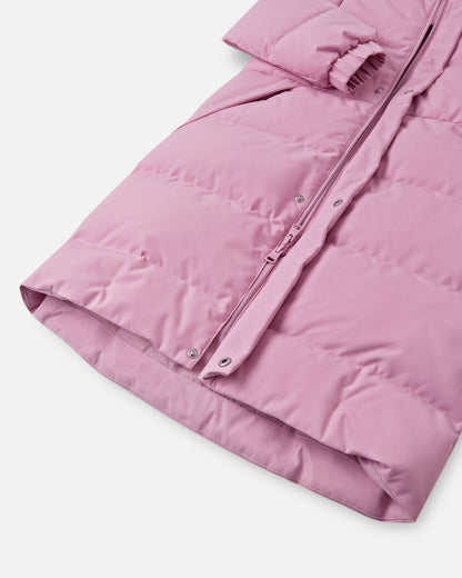 Detail view of the lower hem and front closure on the grey pink Reima Parkkala children's long coat, showing the durable two-way zipper and protective snap-button storm flap engineered to seal out cold drafts.