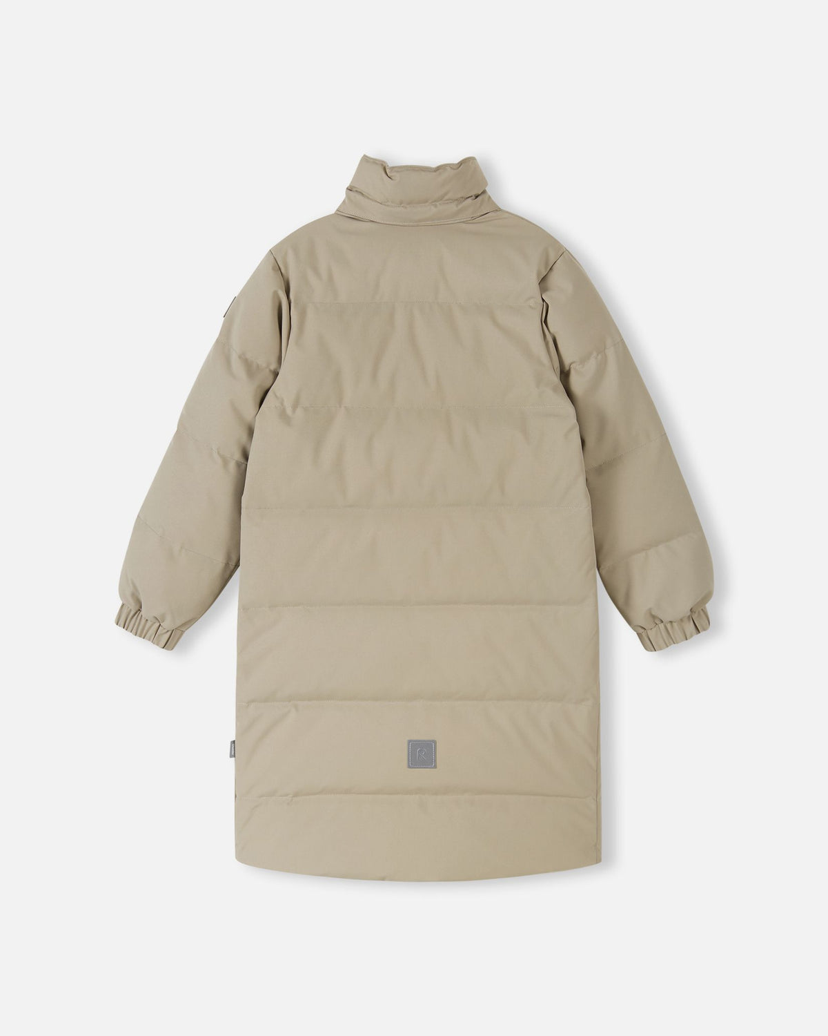 A flat-lay close-up perspective of the upper back and shoulders of the Reima Parkkala girls' long down winter coat in Earthy Beige, highlighting the fabric texture, precise stitching, and hood attachment point construction.