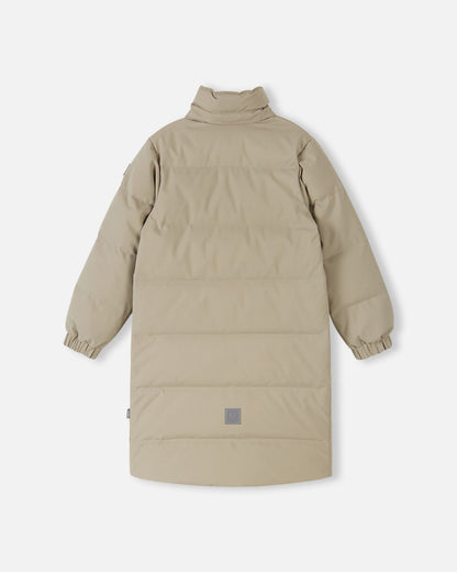 A flat-lay close-up perspective of the upper back and shoulders of the Reima Parkkala girls' long down winter coat in Earthy Beige, highlighting the fabric texture, precise stitching, and hood attachment point construction.