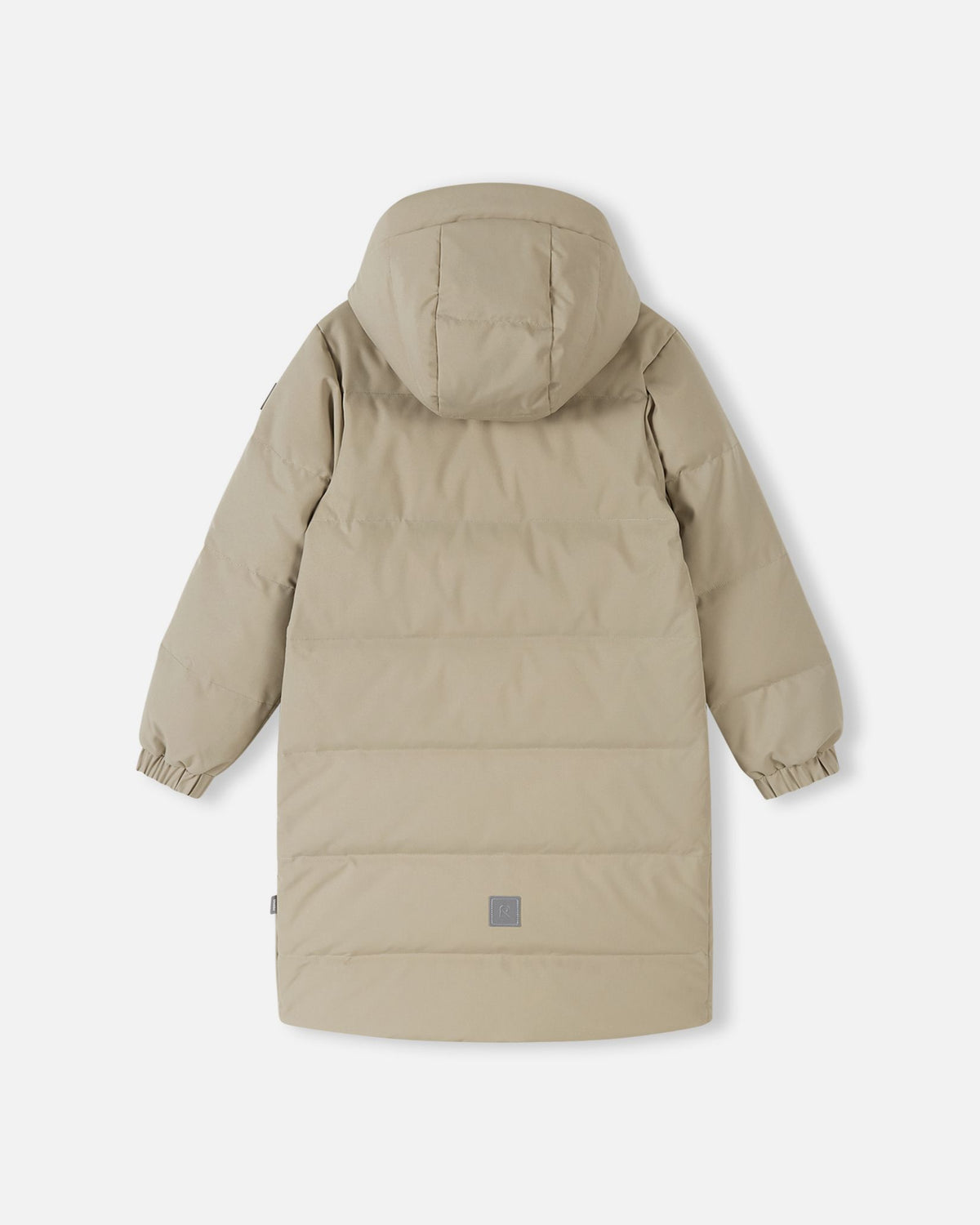 Rear view product image of the Reima Parkkala girls' long down winter coat in Earthy Beige, displaying the full back, hood shape, horizontal quilted stitching, and rear hem detail on a light grey studio background.