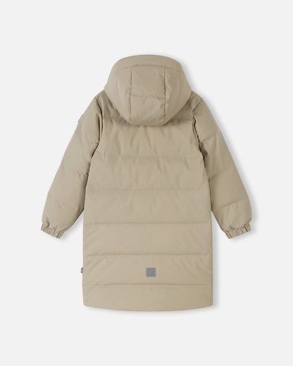 Rear view product image of the Reima Parkkala girls' long down winter coat in Earthy Beige, displaying the full back, hood shape, horizontal quilted stitching, and rear hem detail on a light grey studio background.